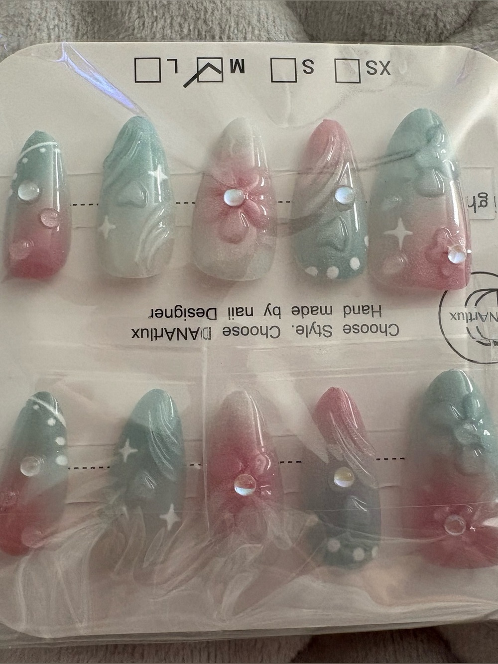 Handmade Pink & Mint Floral Press-On Nails Size Medium